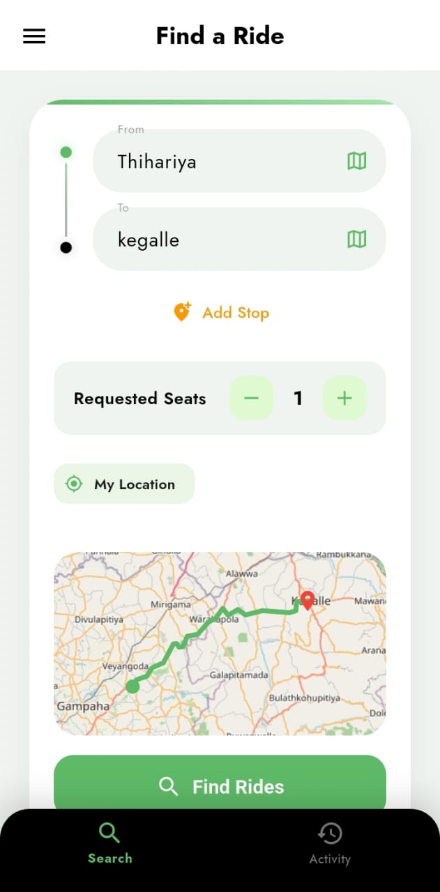 On The Way app — finding a ride from Thihariya to Kegalle
