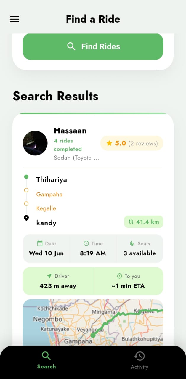 On The Way search results — a ride with available seats, route and fare